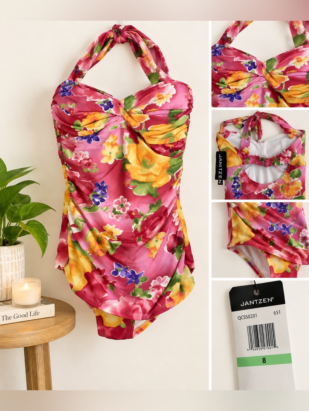 Jantzen Women’s Size 8 Pink Floral One Piece Halter Swimsuit Tummy Control New